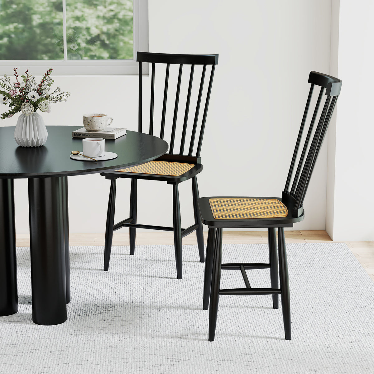 Farmhouse Dining Chairs Set of 2, Rubber Wood with Rattan Seat - Black