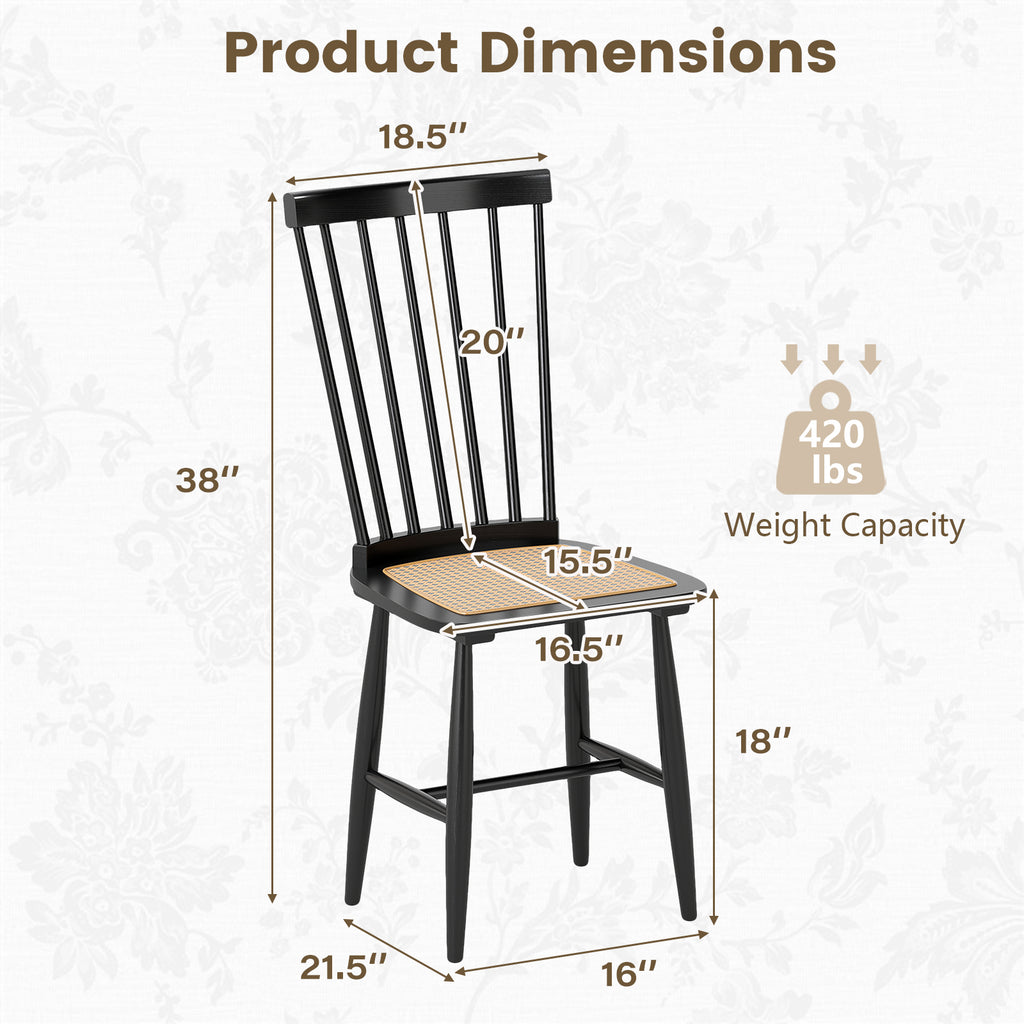 Farmhouse Dining Chairs Set of 2, Rattan Seat - Black