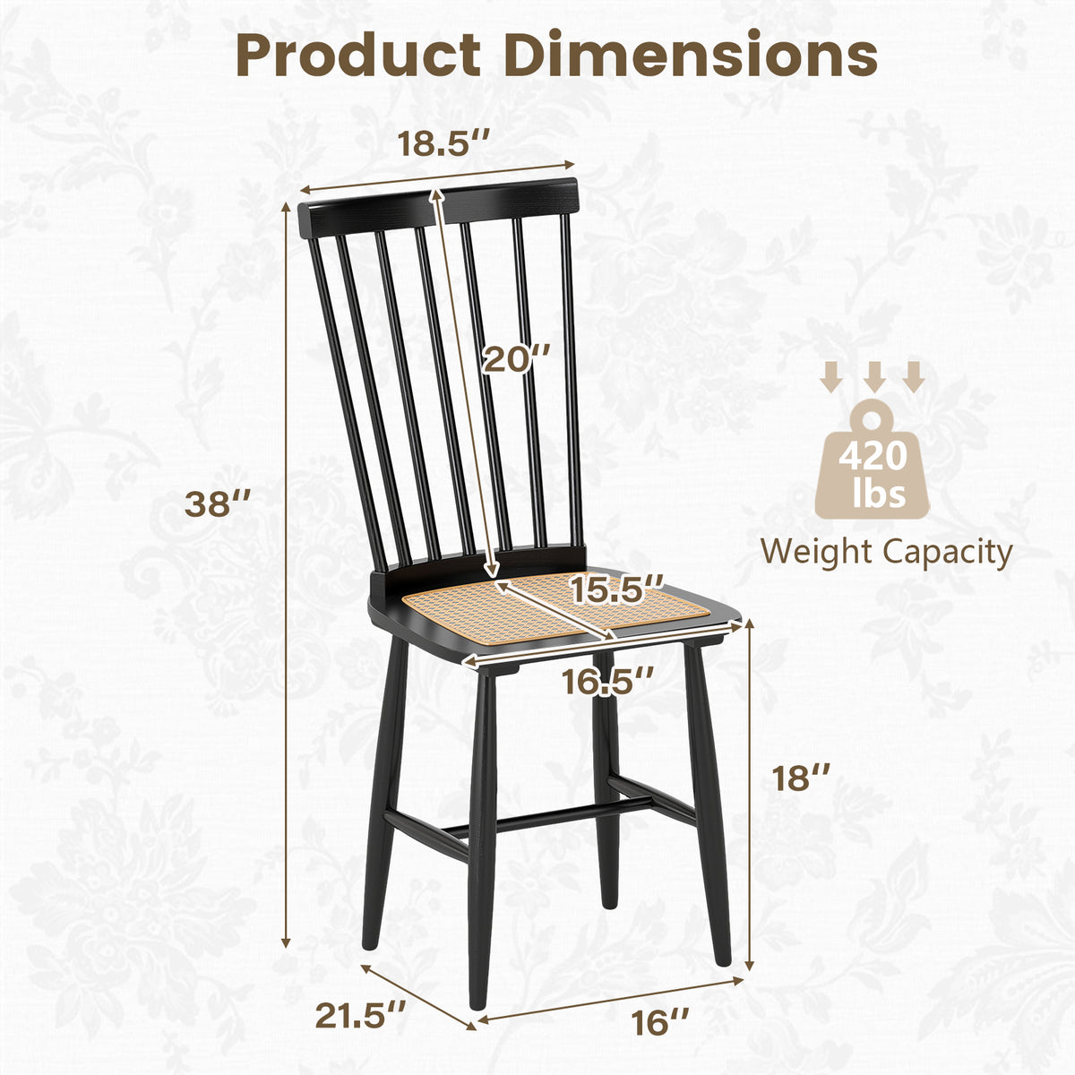 Farmhouse Dining Chairs Set of 2, Rattan Seat - Black