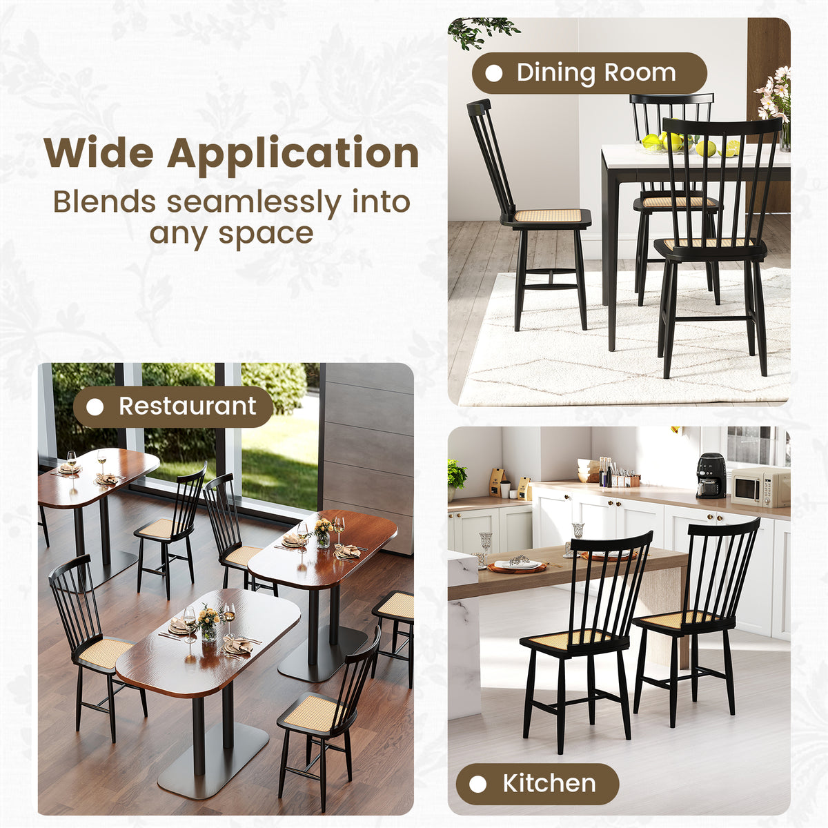 Farmhouse Dining Chairs Set of 2, Rubber Wood with Rattan Seat - Black