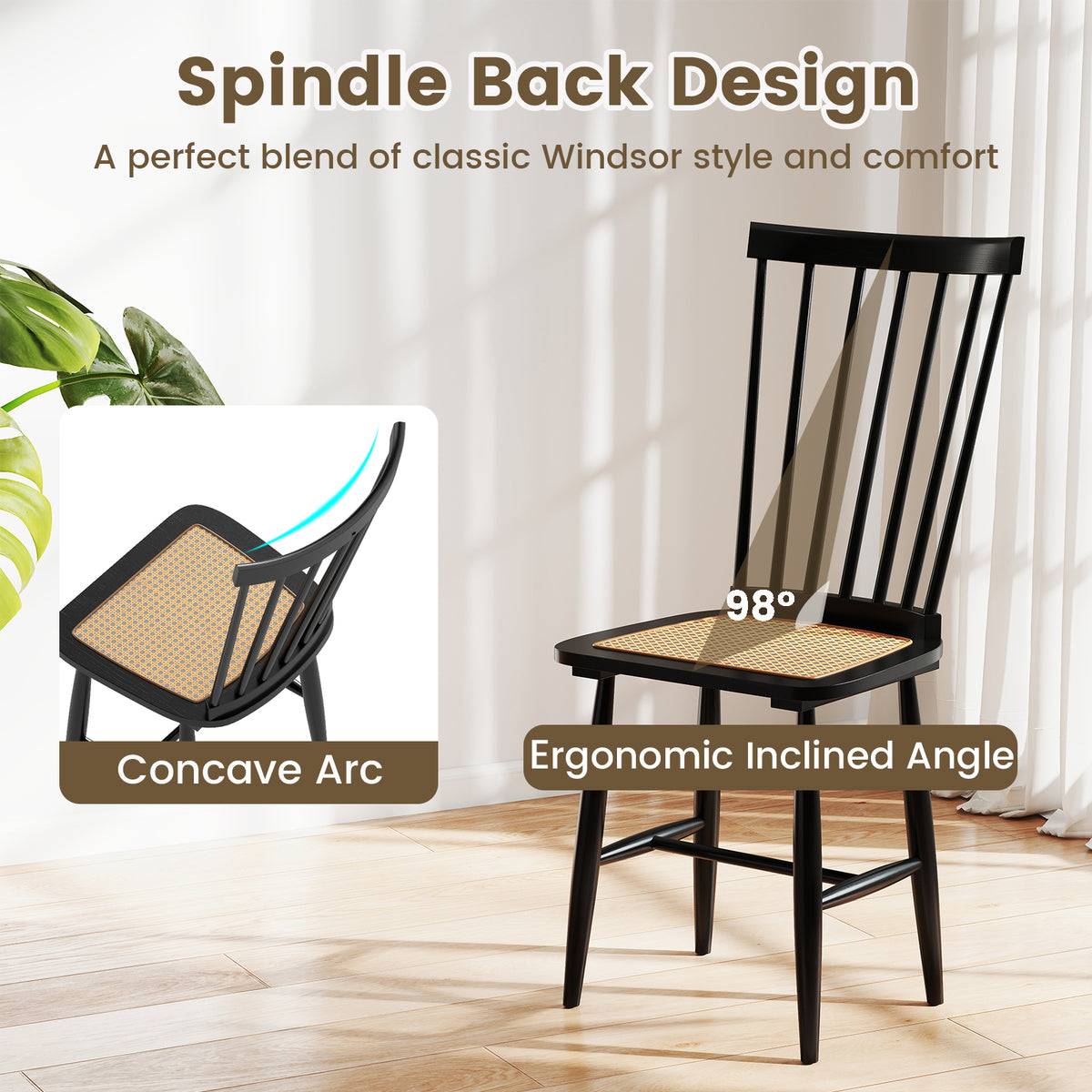 Farmhouse Dining Chairs Set of 2, Rattan Seat - Black