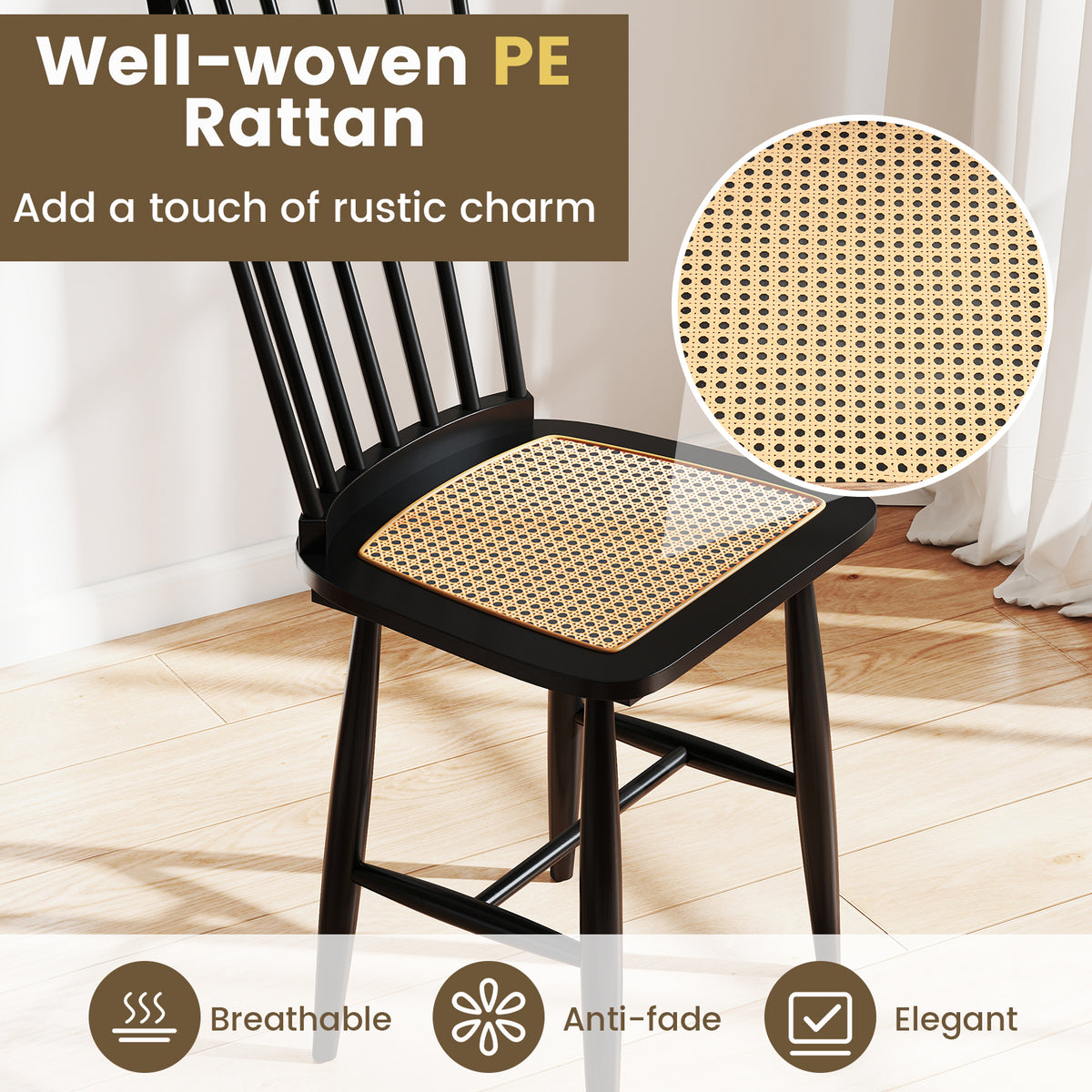 Farmhouse Dining Chairs Set of 2, Rubber Wood with Rattan Seat - Black