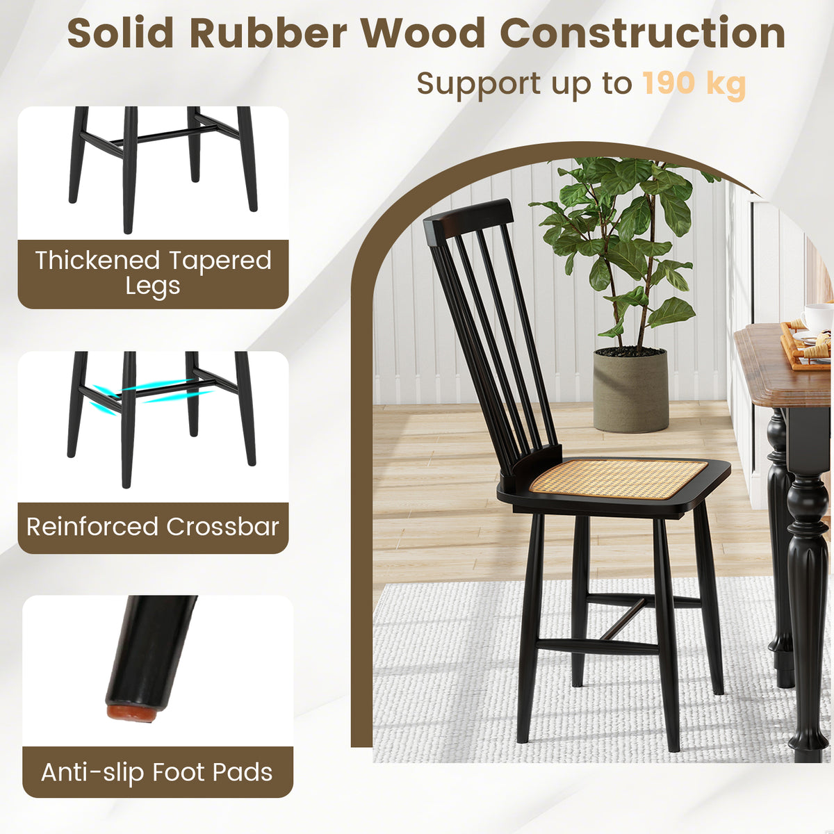 Farmhouse Dining Chairs Set of 2, Rubber Wood with Rattan Seat - Black