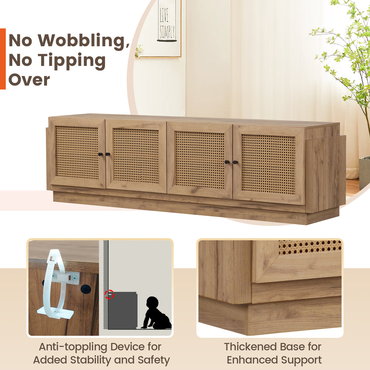 Farmhouse TV Stand for 75 Inches with Storage Cabinets - Oak