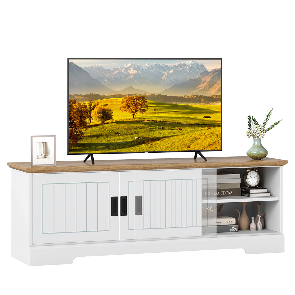 Farmhouse TV Stand for 65-Inch TVs with Sliding Doors - White