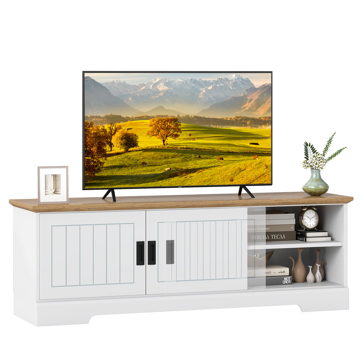 Farmhouse TV Stand for 65-Inch TVs with Sliding Doors - White