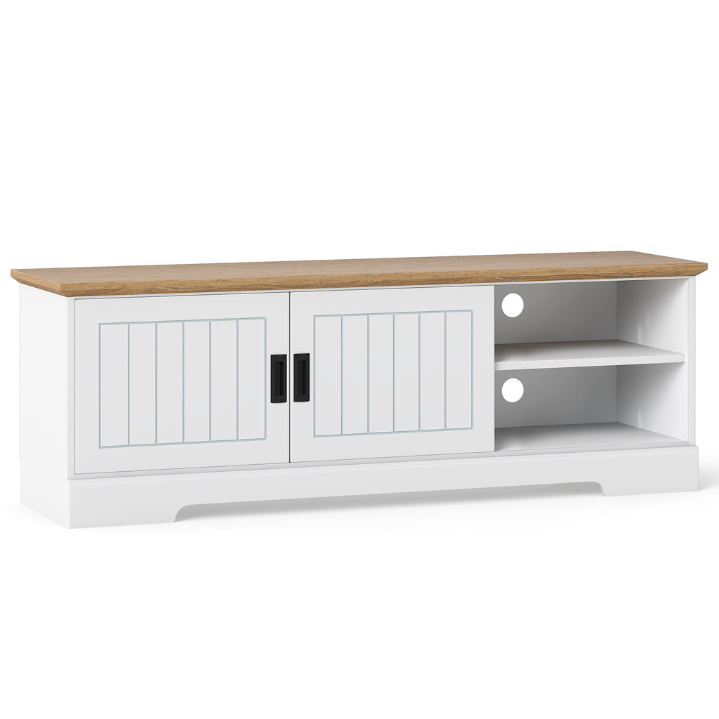Farmhouse TV Stand for 65-Inch TVs with Sliding Doors - White