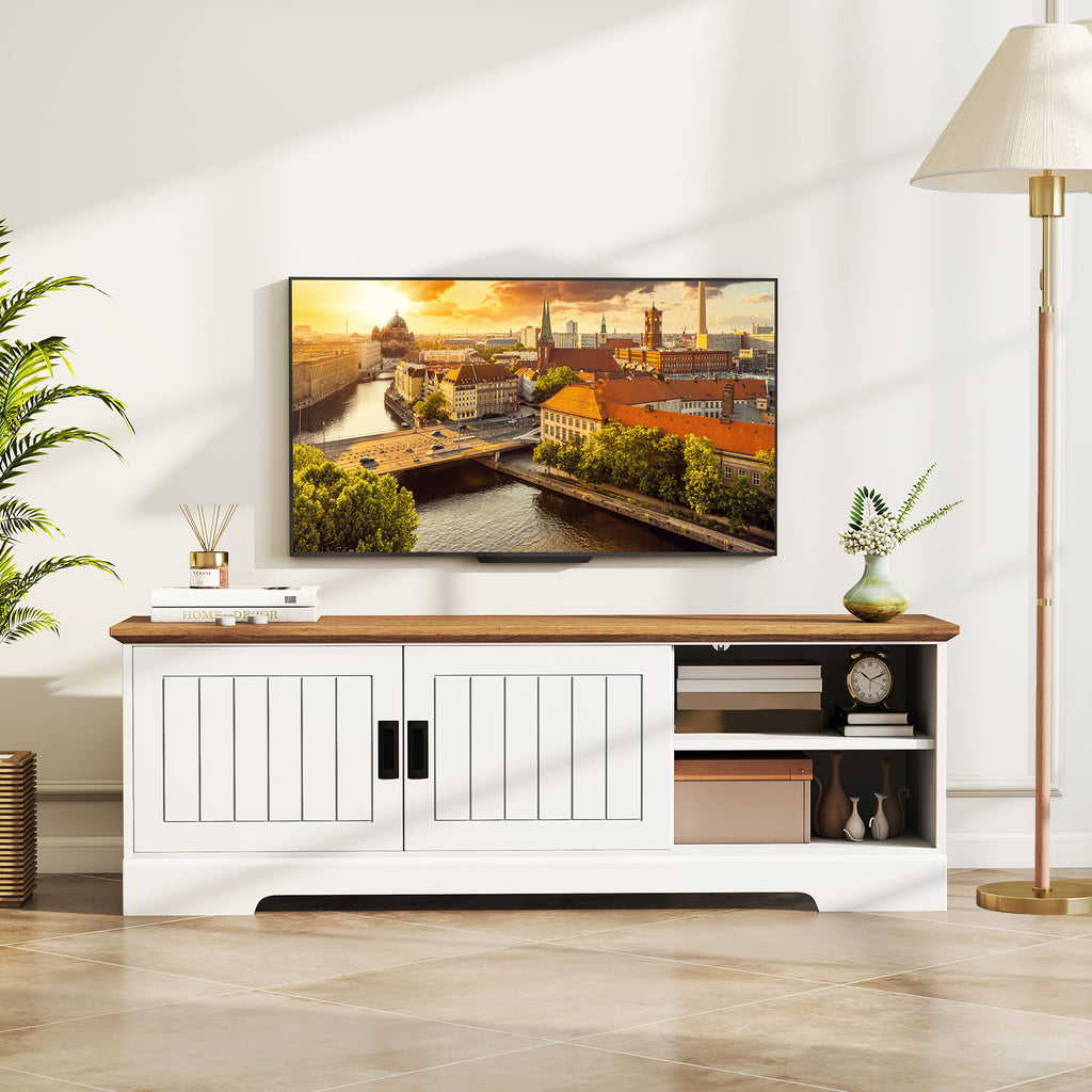 Farmhouse TV Stand for 65-Inch TVs with Sliding Doors - White