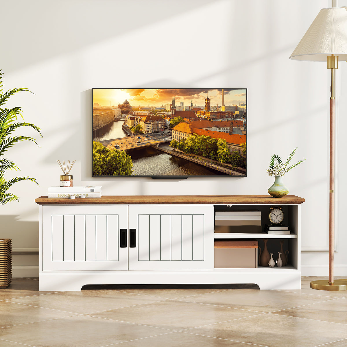 Farmhouse TV Stand for 65-Inch TVs with Sliding Doors - White