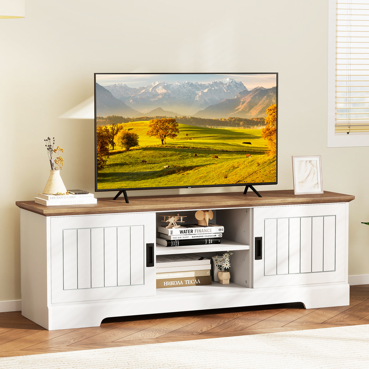 Farmhouse TV Stand for 65-Inch TVs with Sliding Doors - White