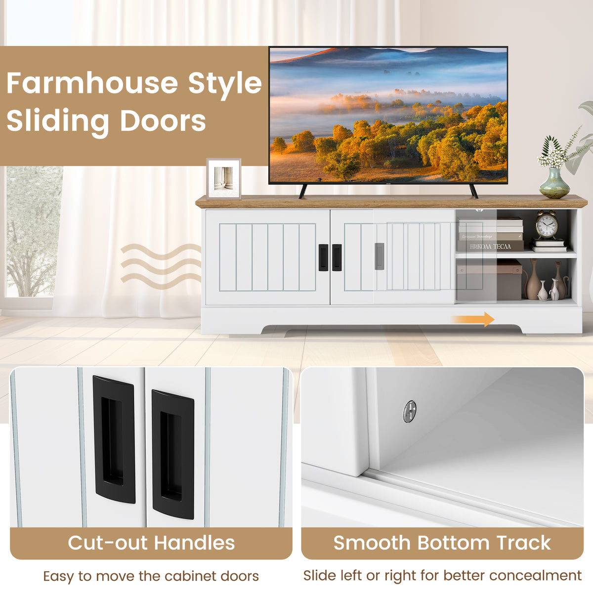 Farmhouse TV Stand for 65-Inch TVs with Sliding Doors - White