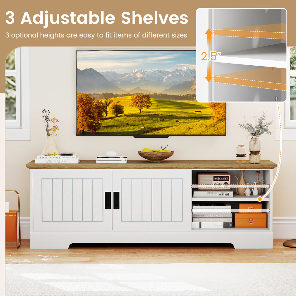 Farmhouse TV Stand for 65-Inch TVs with Sliding Doors - White