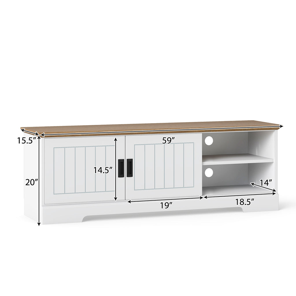 Farmhouse TV Stand for 65-Inch TVs with Sliding Doors - White