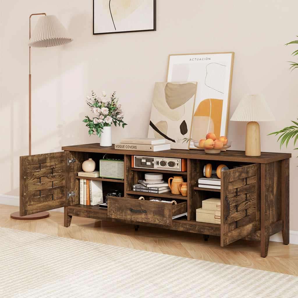 Farmhouse TV Stand for 65" TVs with Woven Doors – Rustic Brown