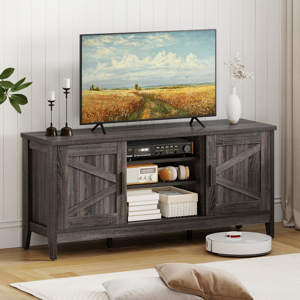 Farmhouse TV Stand for TVs up to 65 Inch - Gray