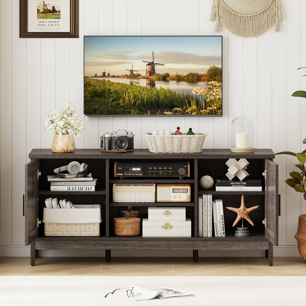 Farmhouse TV Stand for TVs up to 65 Inch - Gray