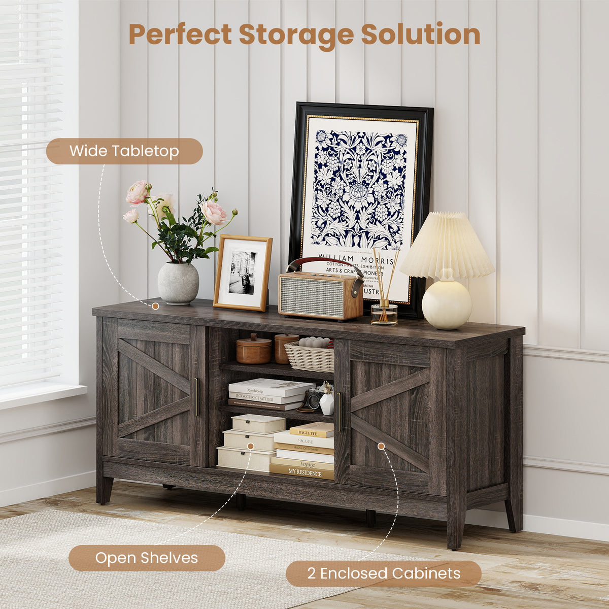 Farmhouse TV Stand for TVs up to 65 Inch - Gray