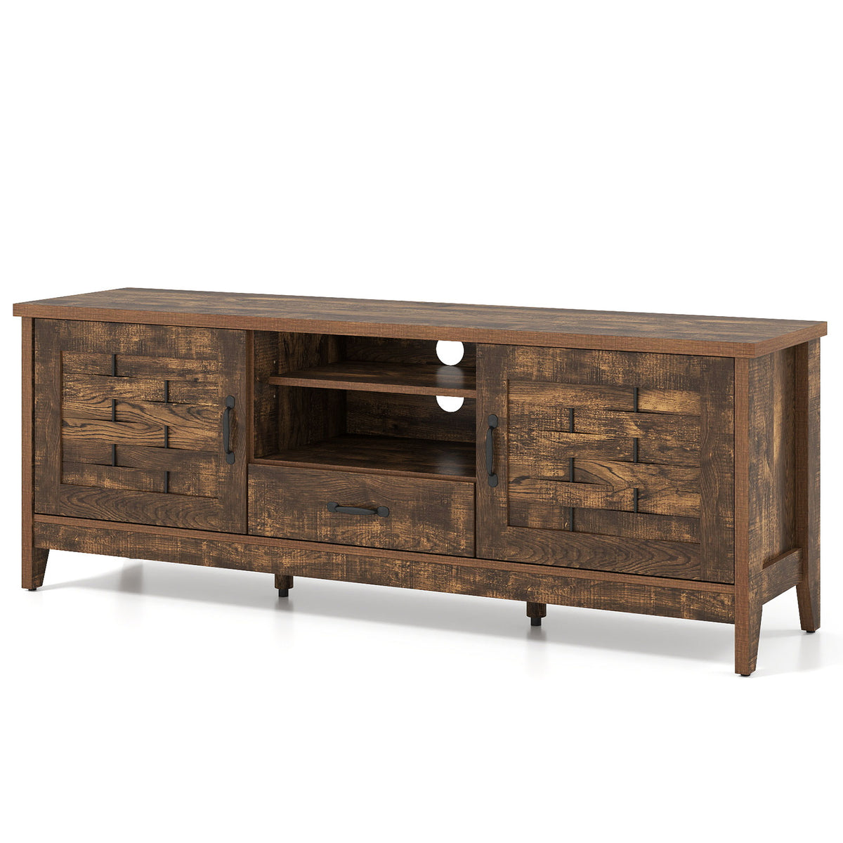 Farmhouse TV Stand for 65" TVs with Woven Doors – Rustic Brown