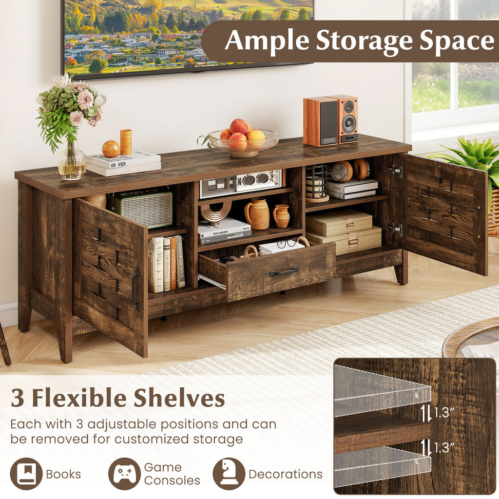 Farmhouse TV Stand for 65" TVs with Woven Doors – Rustic Brown