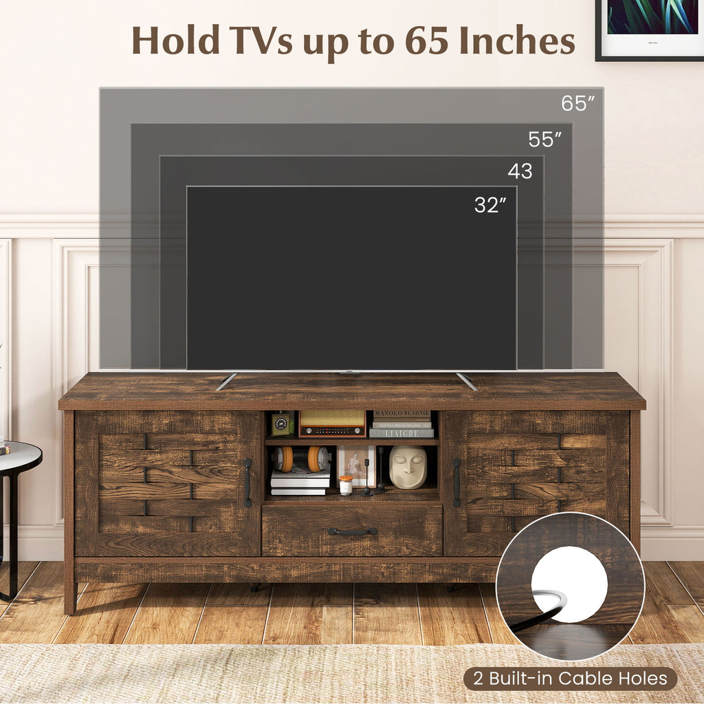 Farmhouse TV Stand for 65" TVs with Woven Doors – Rustic Brown