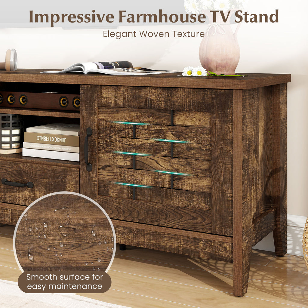 Farmhouse TV Stand for 65" TVs with Woven Doors – Rustic Brown