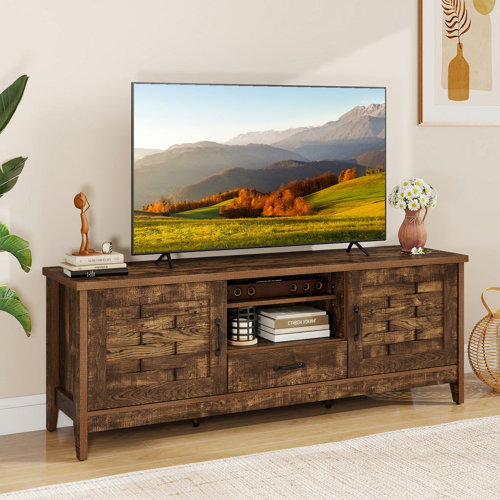Farmhouse TV Stand for 65" TVs with Woven Doors – Rustic Brown