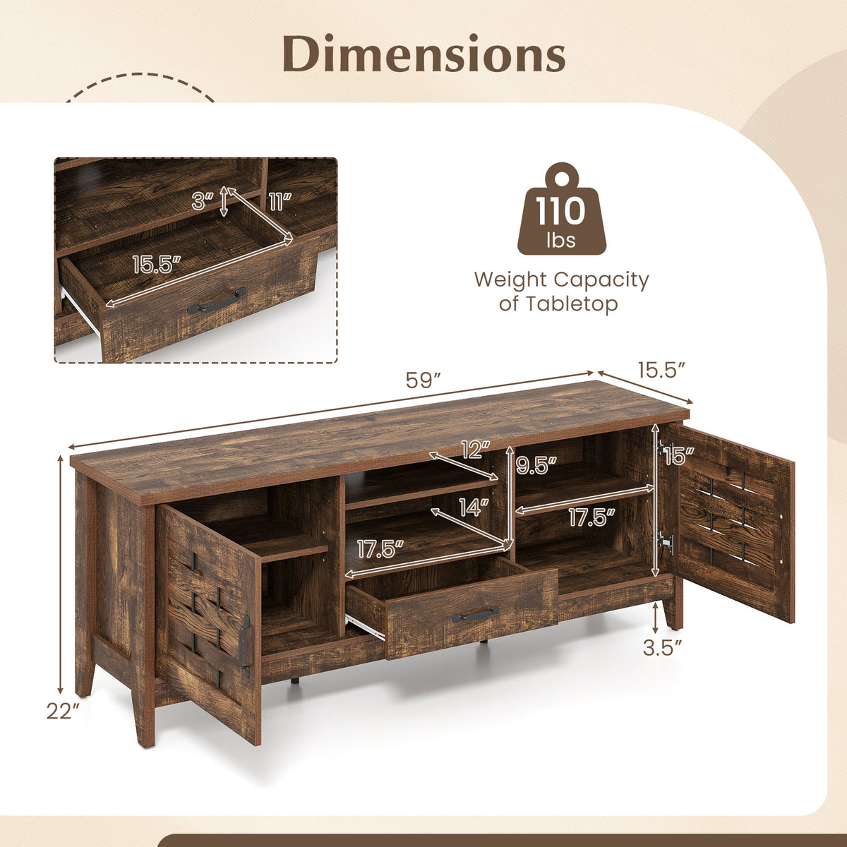 Farmhouse TV Stand for 65" TVs with Woven Doors – Rustic Brown