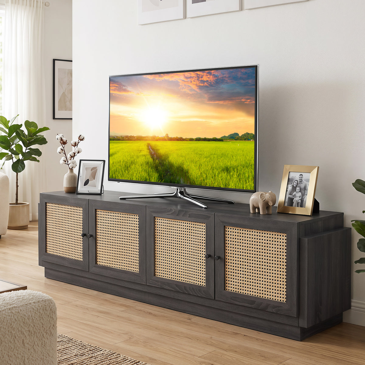 Farmhouse TV Stand for 75" TVs with Storage Cabinets - Black