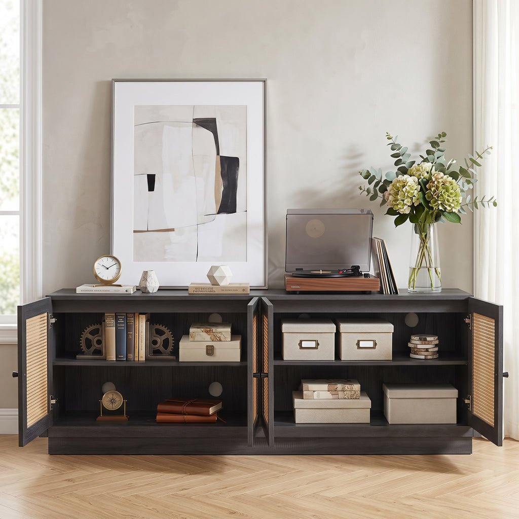 Farmhouse TV Stand for 75" TVs with Storage Cabinets - Black