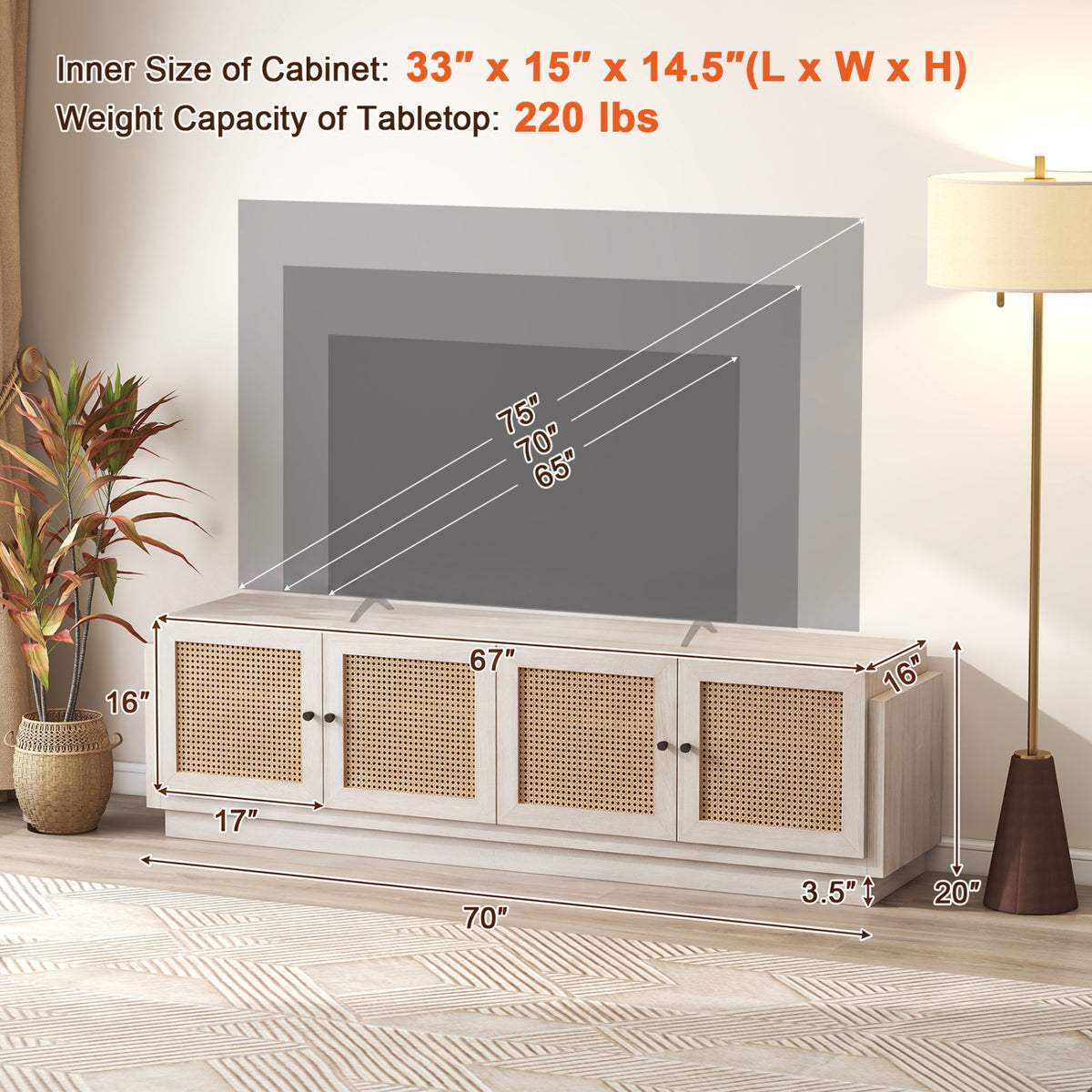 Farmhouse TV Stand for 75 Inch TVs with Storage Cabinets - White