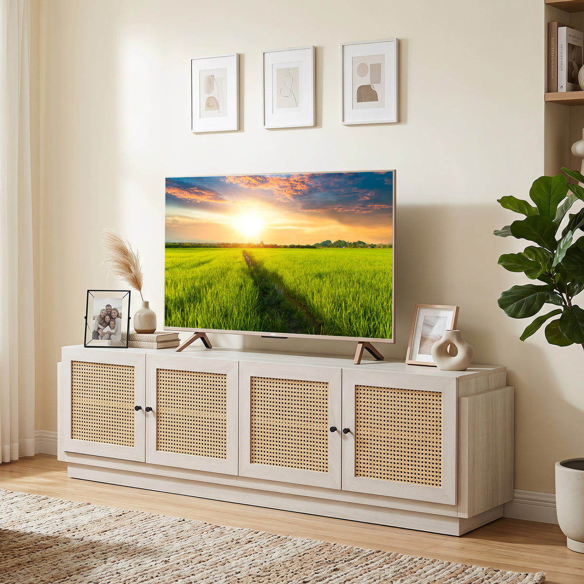 Farmhouse TV Stand for 75 Inch TVs with Storage Cabinets - White