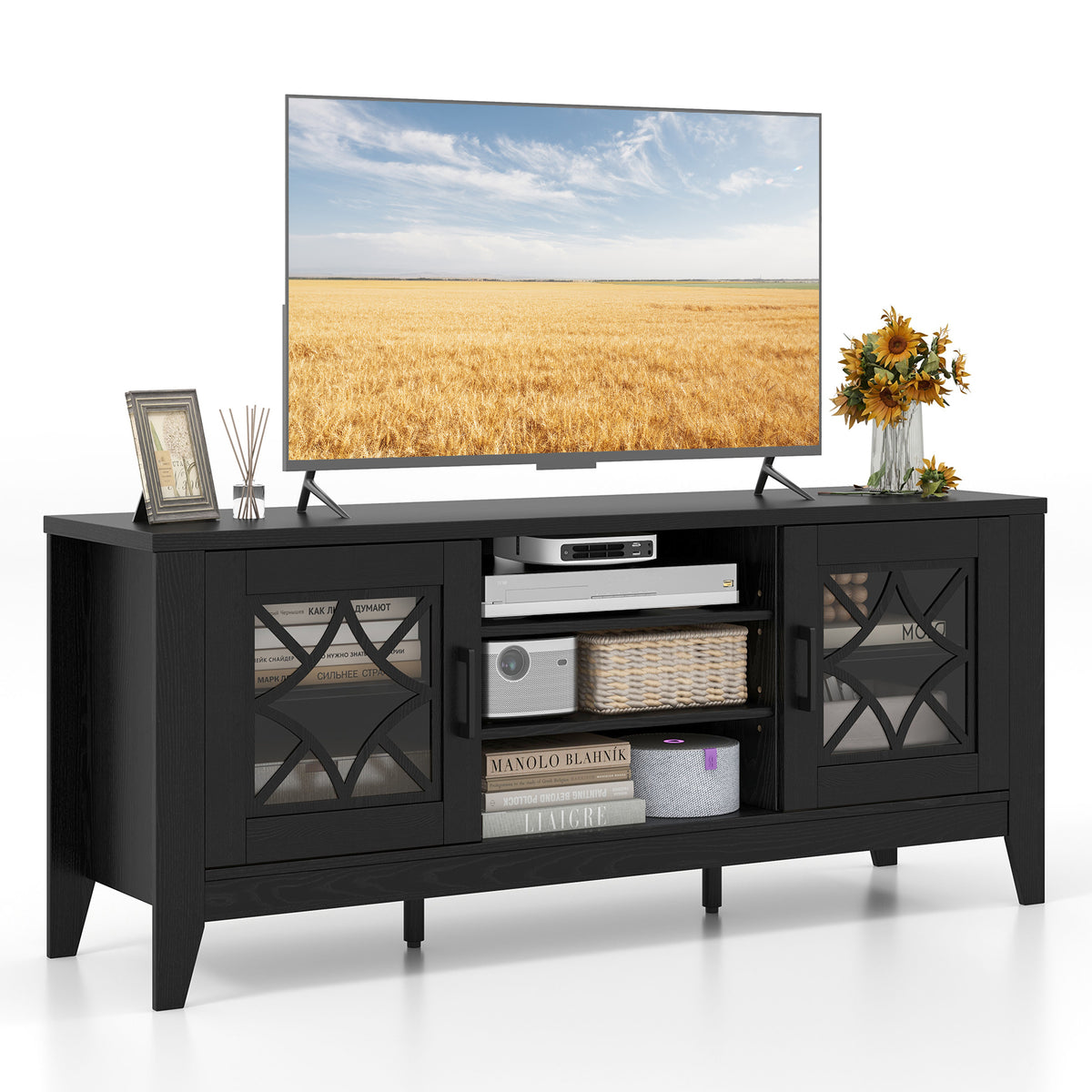 Electric Fireplace TV Stand with Storage – 2 Cabinet & 1 Open Shelf, Natural