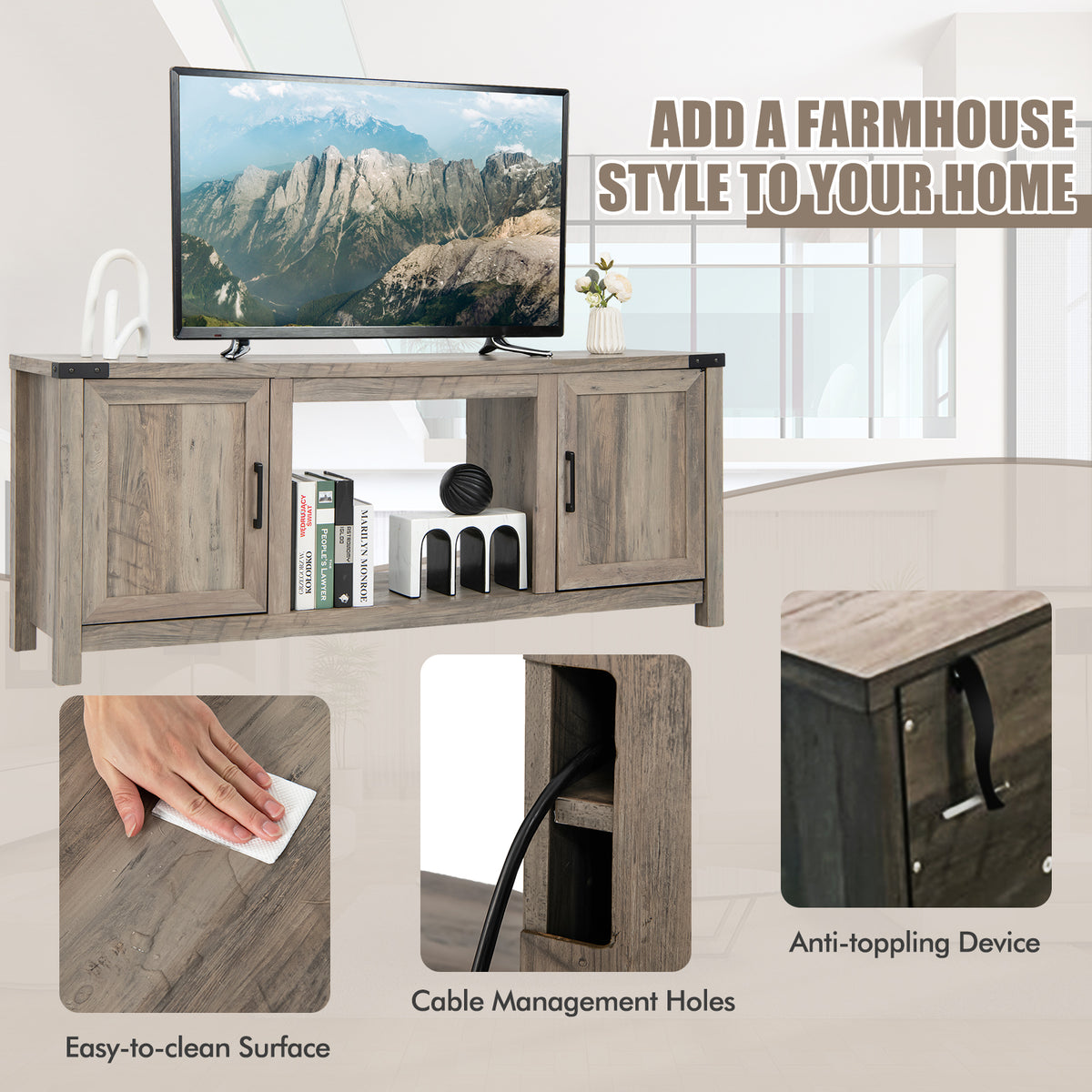 Electric Fireplace TV Stand with Storage – 2 Cabinet & 1 Open Shelf, Natural
