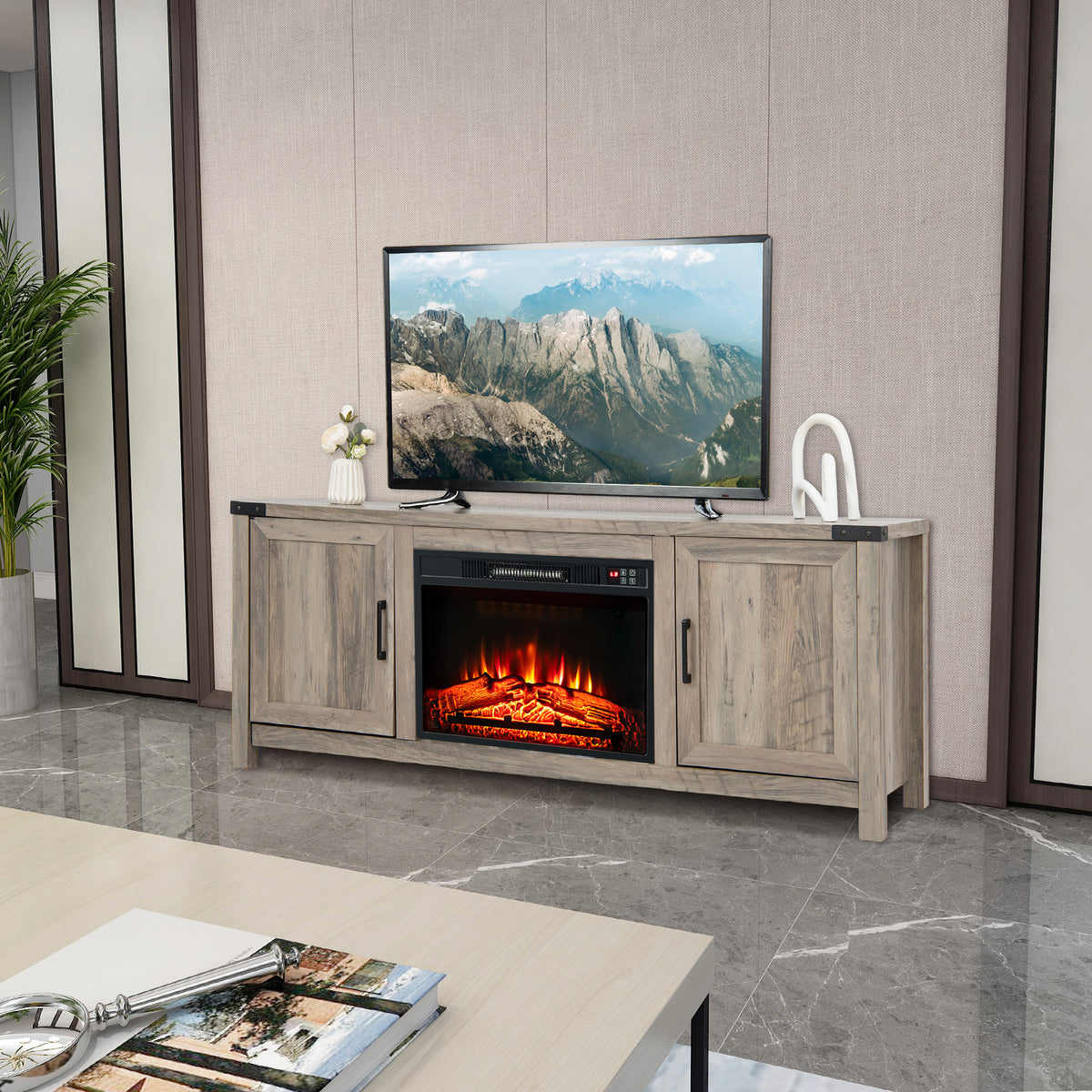 Electric Fireplace TV Stand with Storage – 2 Cabinet & 1 Open Shelf, Natural