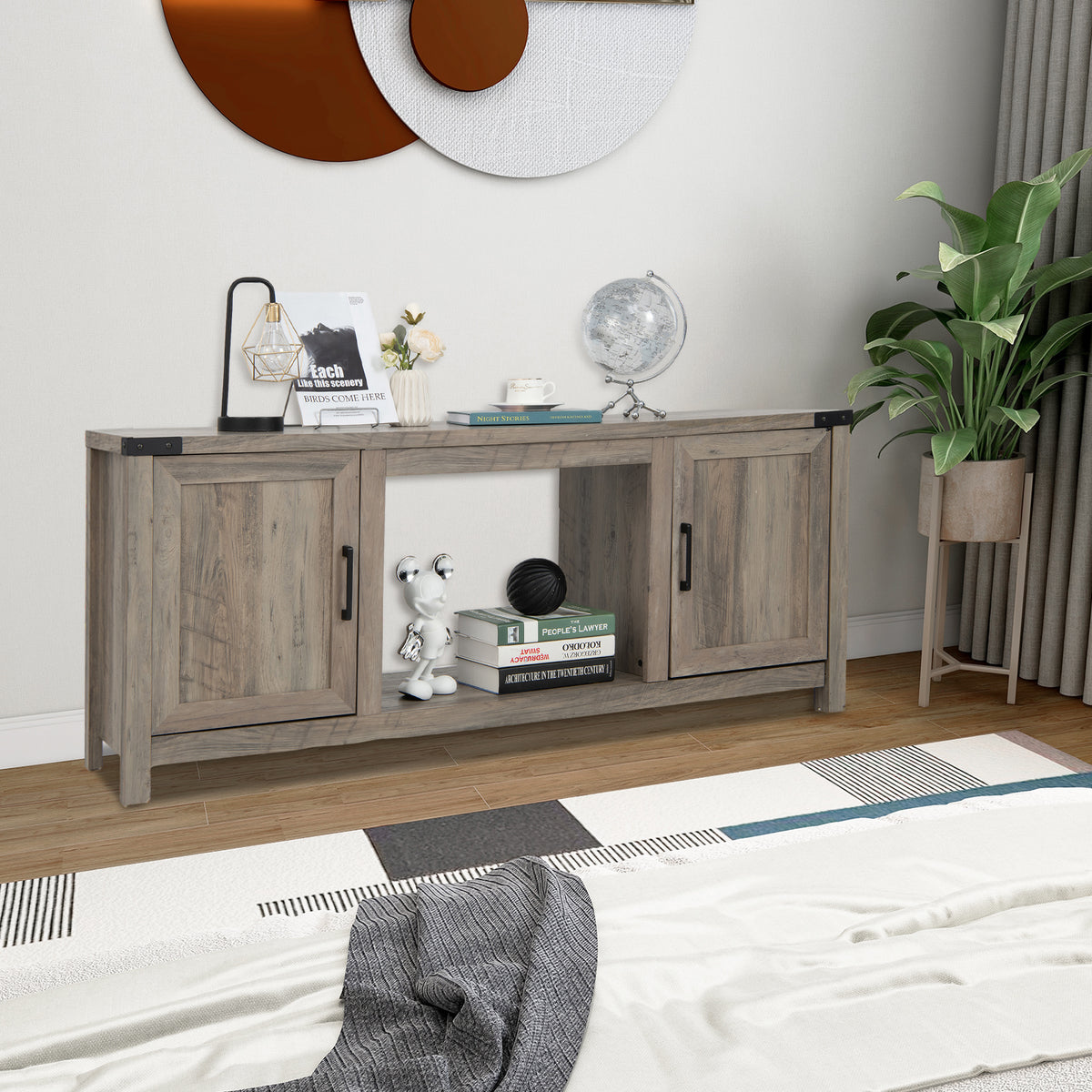 Electric Fireplace TV Stand with Storage – 2 Cabinet & 1 Open Shelf, Natural