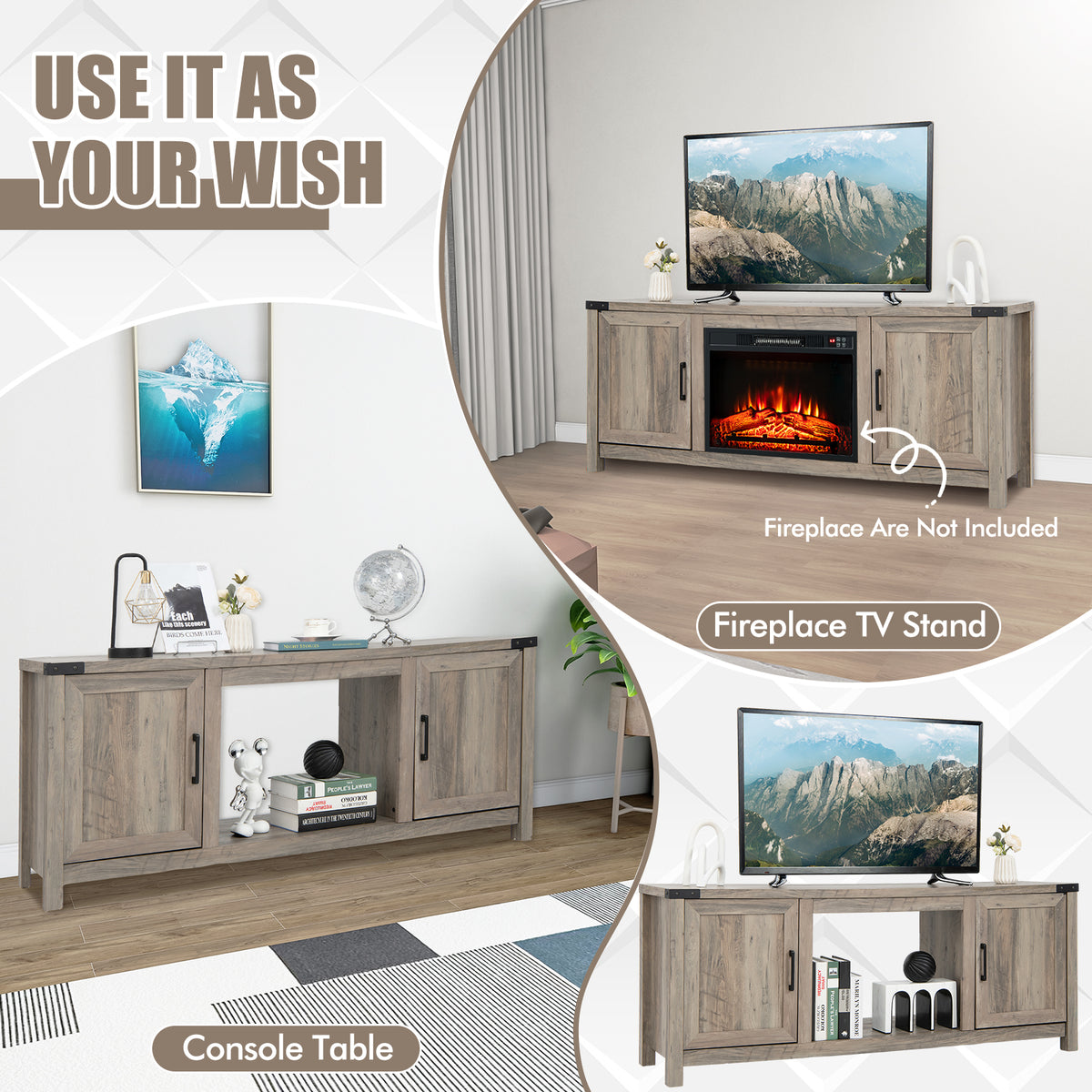 Electric Fireplace TV Stand with Storage – 2 Cabinet & 1 Open Shelf, Natural