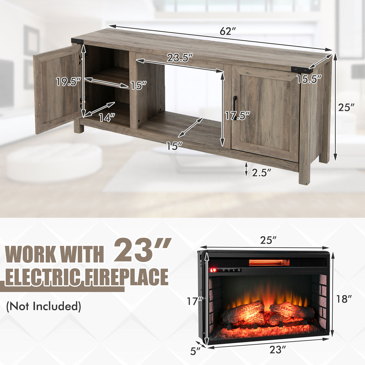 Electric Fireplace TV Stand with Storage – 2 Cabinet & 1 Open Shelf, Natural