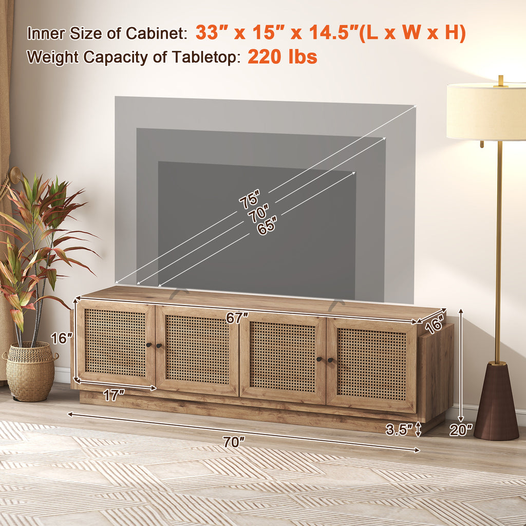 Farmhouse TV Stand for 75 Inches with Storage Cabinets - Oak
