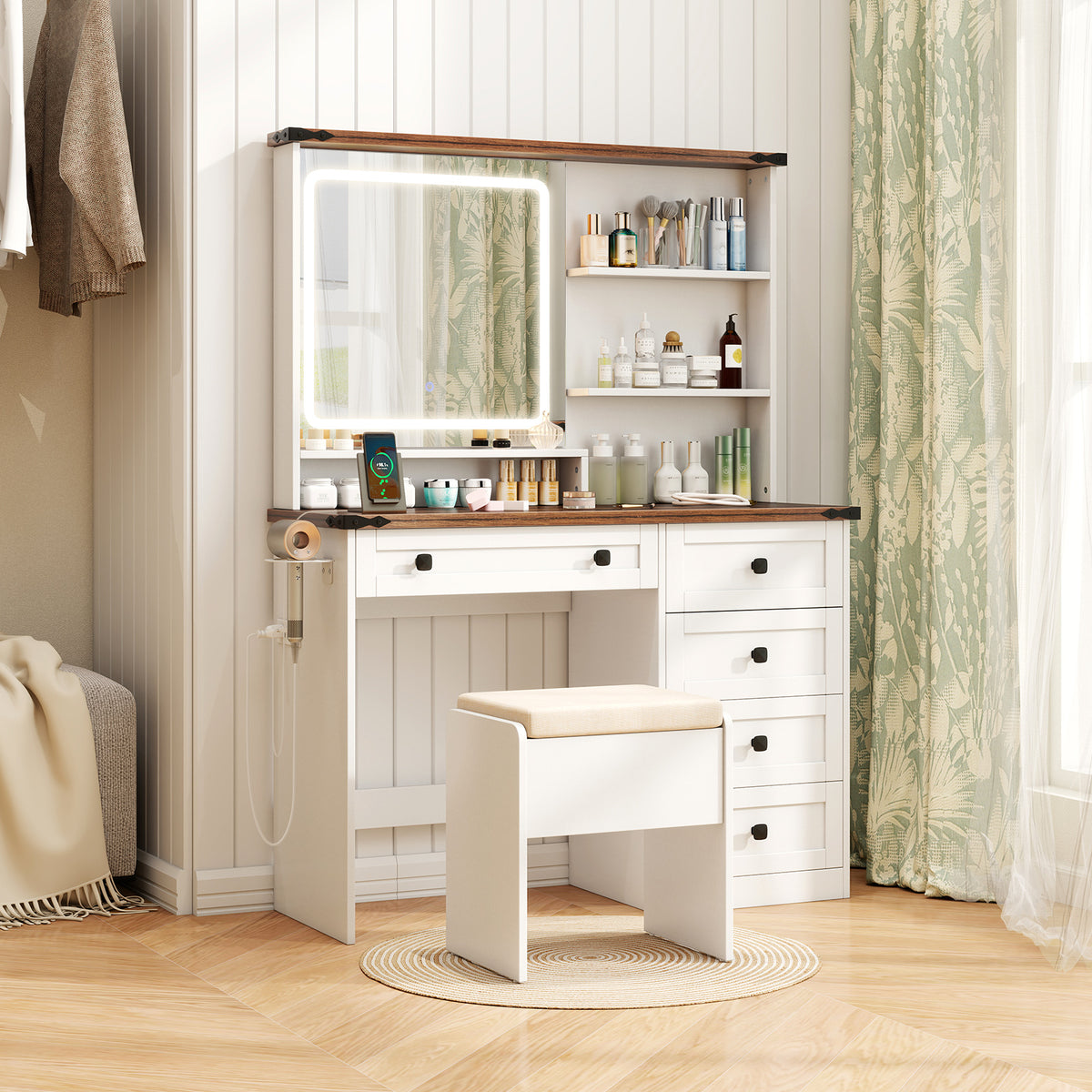Farmhouse Makeup Vanity with 3-Color LED Mirror - White
