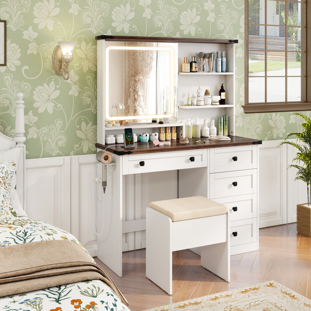 Farmhouse Makeup Vanity with 3-Color LED Mirror - White