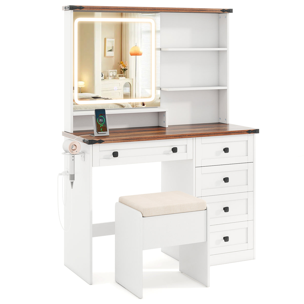 Farmhouse Makeup Vanity with 3-Color LED Mirror - White