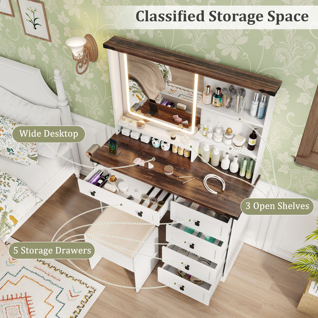Farmhouse Makeup Vanity with 3-Color LED Mirror - White