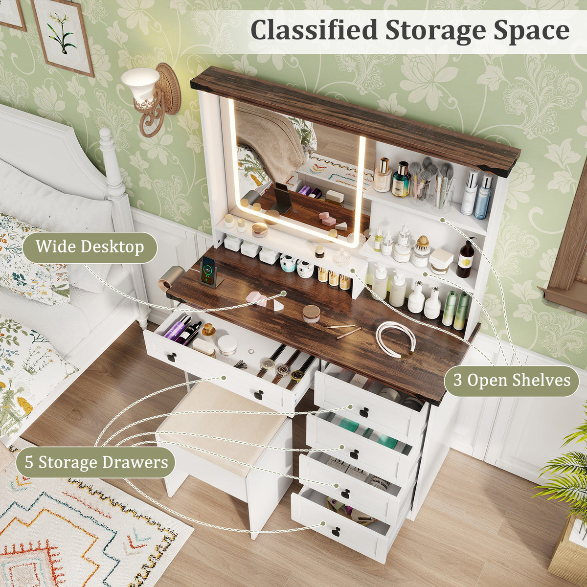 Farmhouse Makeup Vanity with 3-Color LED Mirror - White
