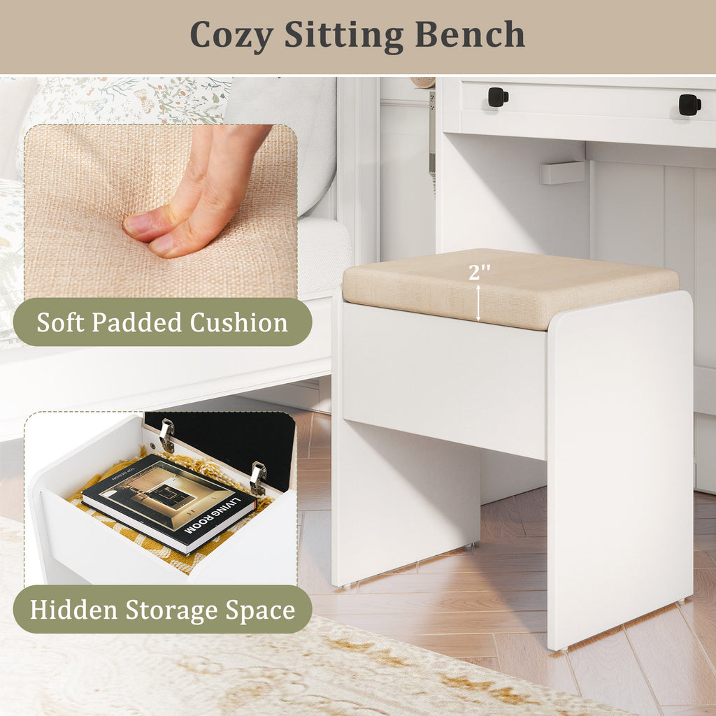 Farmhouse Makeup Vanity with 3-Color LED Mirror - White