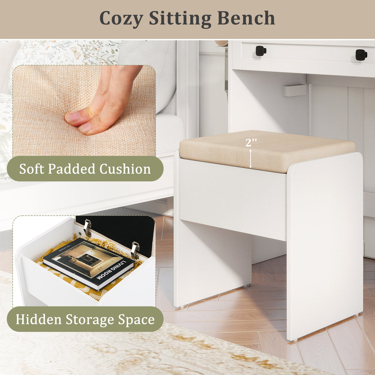 Farmhouse Makeup Vanity with 3-Color LED Mirror - White