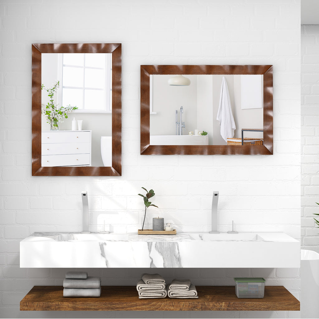 Brown Farmhouse Wall Mirror 41.5x28 Inches Solid Wood Frame Rustic Decor