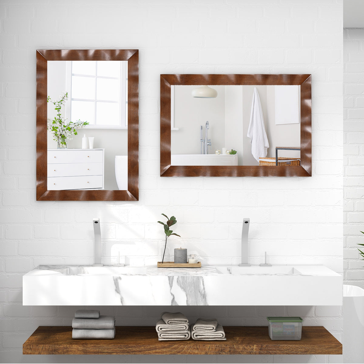 Brown Farmhouse Wall Mirror 41.5x28 Inches Solid Wood Frame Rustic Decor