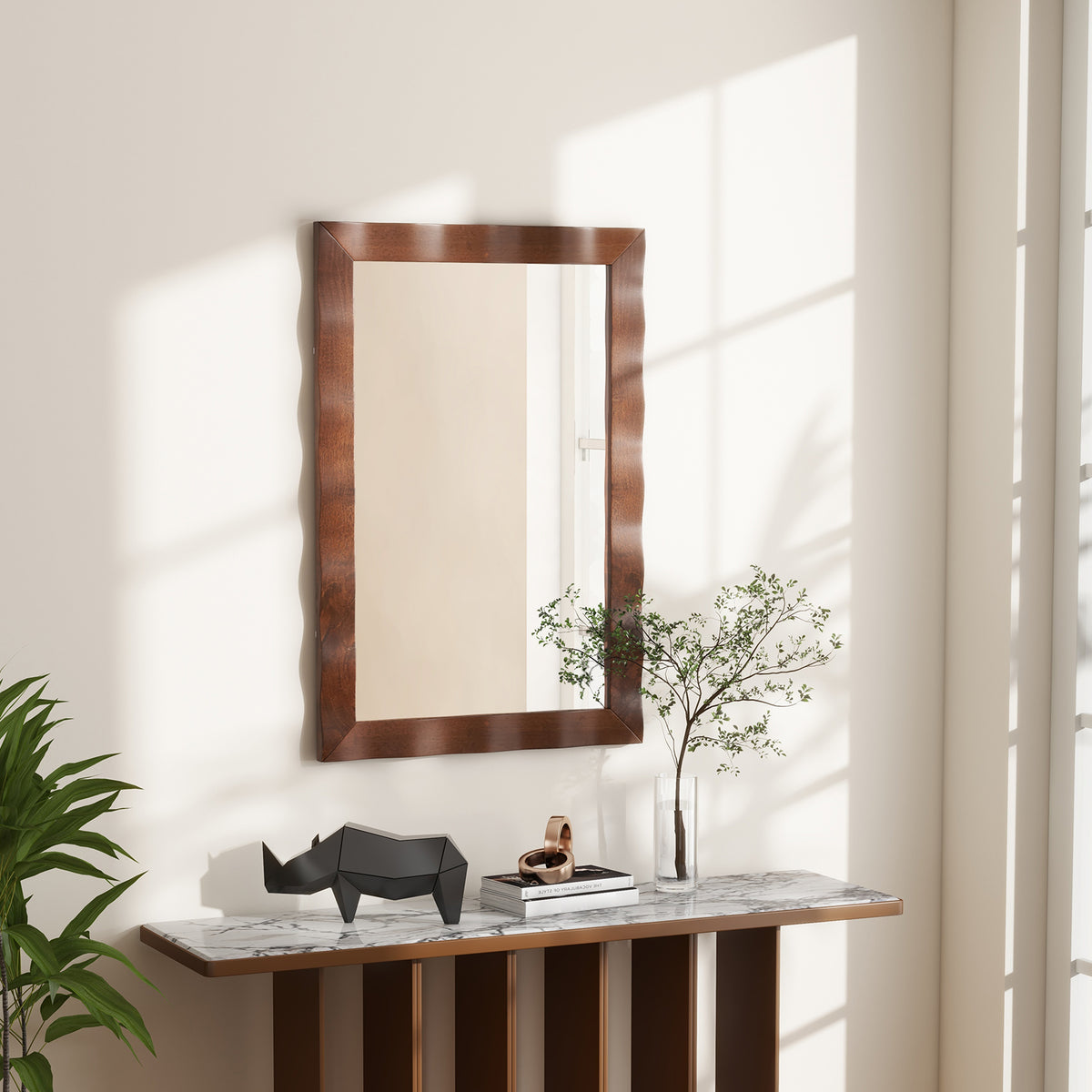 Brown Farmhouse Wall Mirror 41.5x28 Inches Solid Wood Frame Rustic Decor