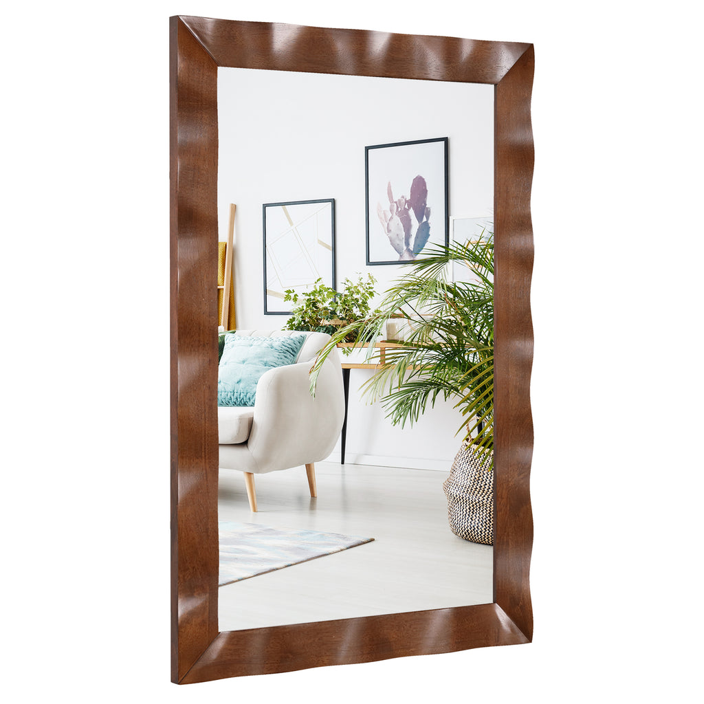 Brown Farmhouse Wall Mirror 41.5x28 Inches Solid Wood Frame Rustic Decor