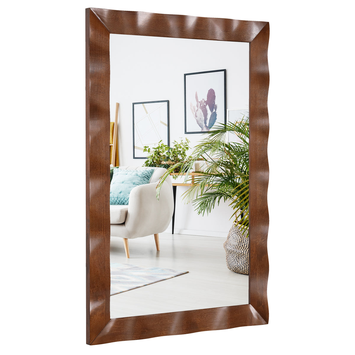 Brown Farmhouse Wall Mirror 41.5x28 Inches Solid Wood Frame Rustic Decor